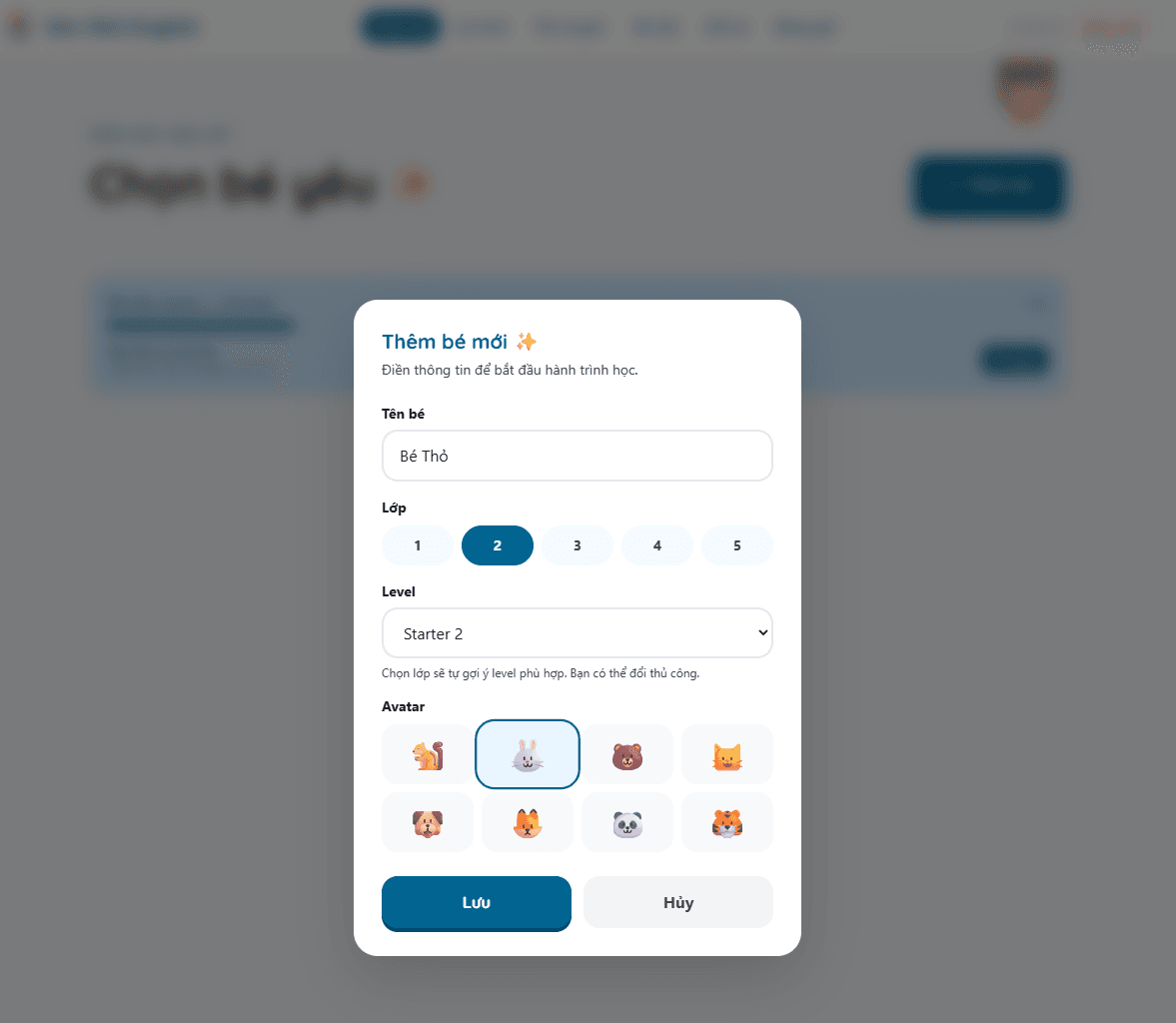 Modal thêm bé — form nhập tên, lớp, trình độ, avatar