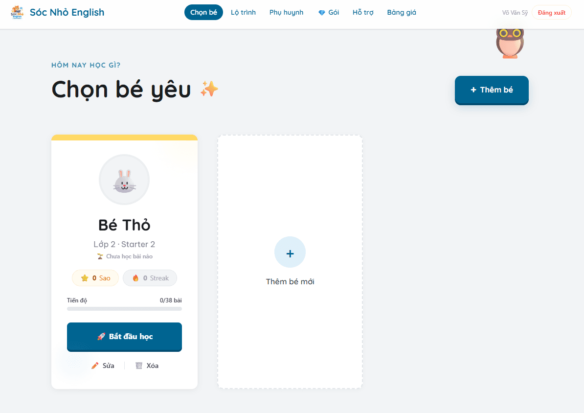 Thẻ bé sau khi tạo — hiển thị thông tin tóm tắt và nút bắt đầu học