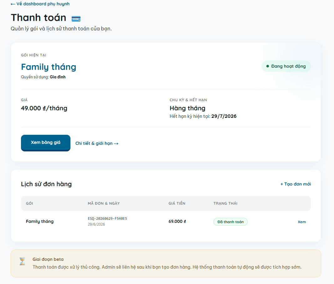 Trang lịch sử thanh toán — /parent/billing — danh sách đơn hàng và trạng thái