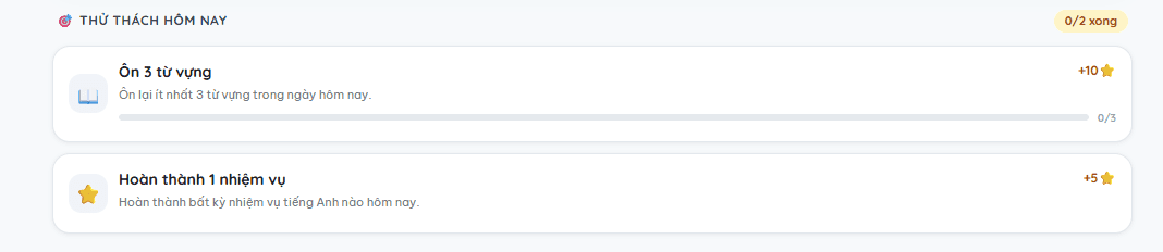 Panel Thử thách hôm nay — các card nhiệm vụ với progress bar và sao thưởng