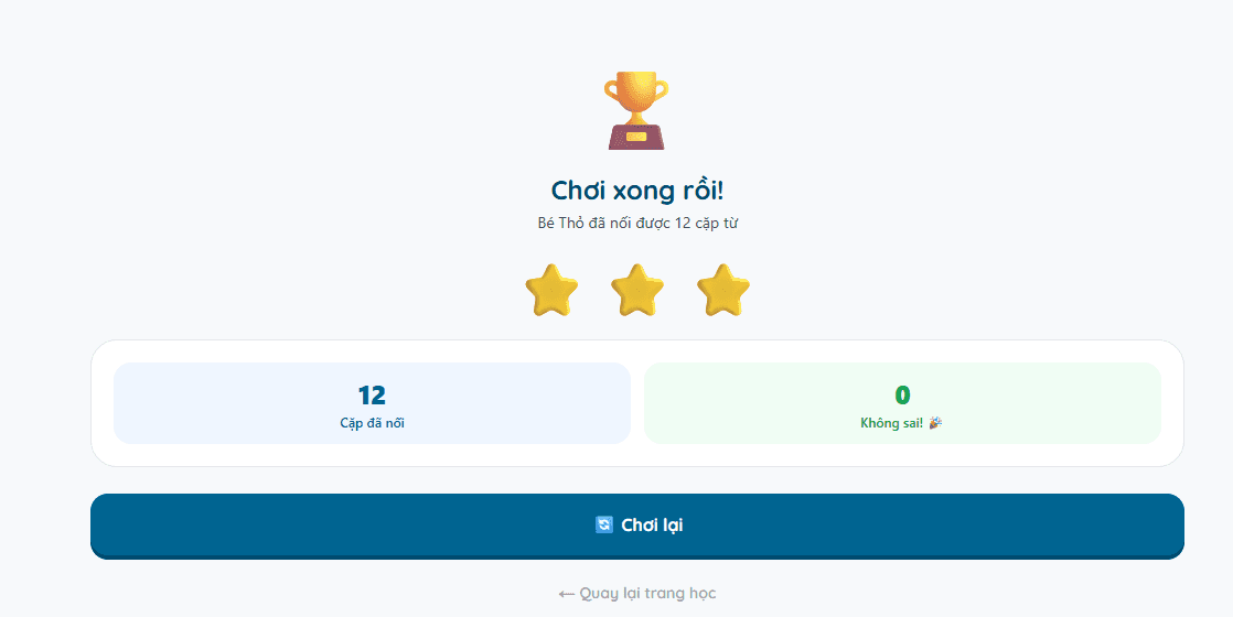 Màn hình kết quả game — ⭐⭐⭐ và thống kê số cặp nối, số lần sai