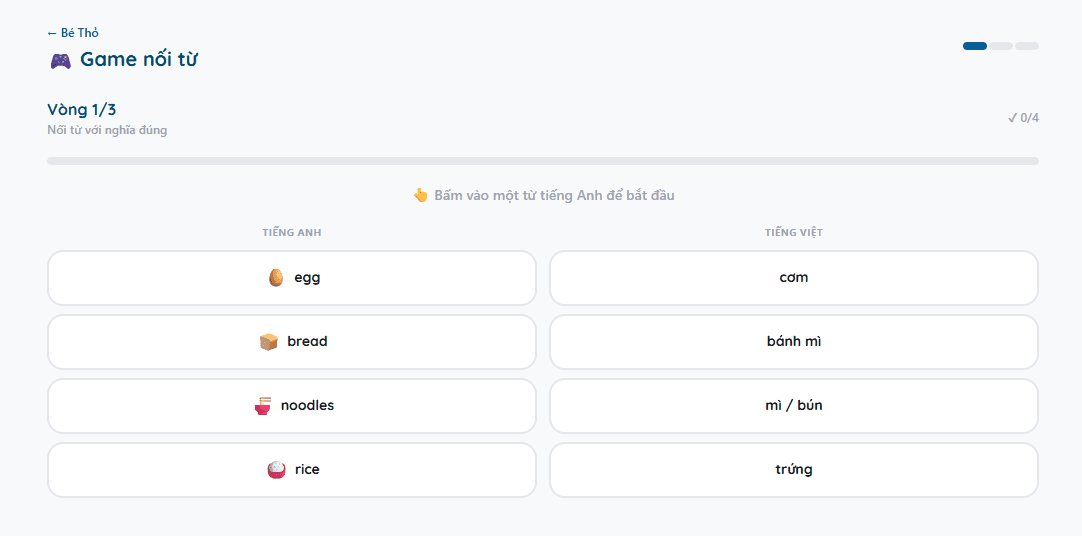 Game nối từ — /kid/[childId]/match — màn hình đang chơi vòng 1